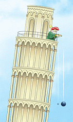 Galileo's leaning tower exercise, showing mechanical necessity: F = m*g, of course less air resistance. NB: He did a thought expt of imagining the light and heavy ball tied together, so on the "heavier must fall faster" concept, the objects now should fall even faster. But, shouldn't the lighter one instead have retarded the heavier? As in, oopsie. The expt may have been done and the heavier may have hit just ahead, as air resistance is as cross section but weight is as volume. (HT: Lannyland & Wiki.)