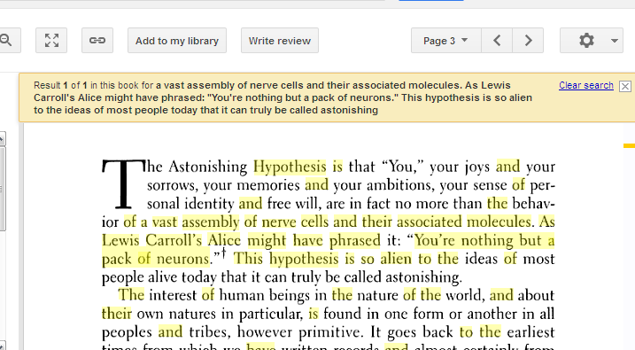 A screen-shot from Crick's The Astonishing Hypothesis, p. 3 [HT: Google Books]